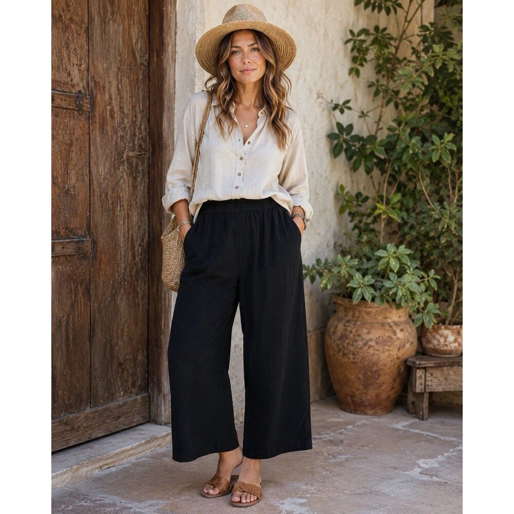 Caslon Petite Large Black Linen Blend Wide Leg Crop Pants Elastic Waist